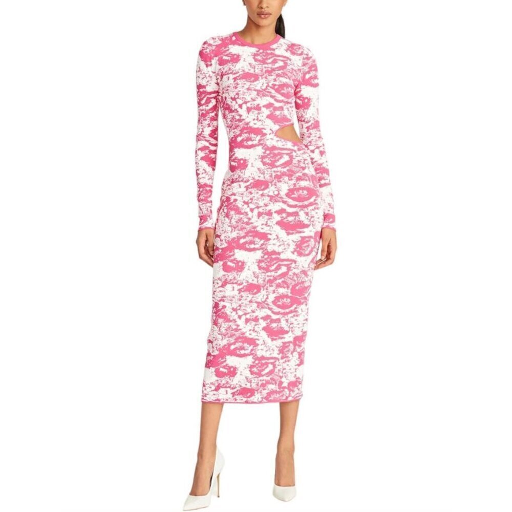 Amur Cooper Cutout Jacquard Stretch Knit Midi Dress Pink White Floral Womens Siz